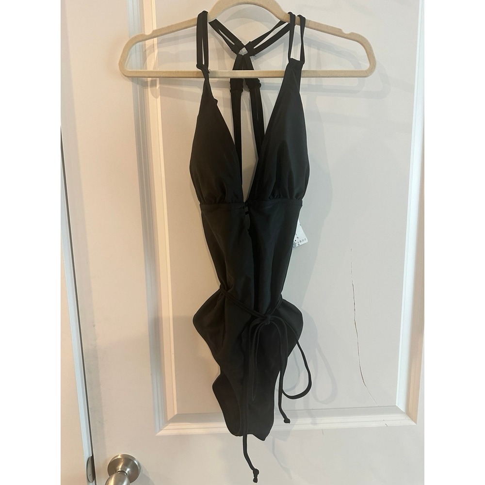 NEW One Piece Black Swimsuit size L Sexy Low Cut Lace Up Back